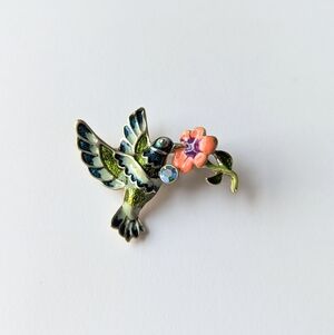 Vintage Enamel Hummingbird Brooch Pin Flower Crystal Accent Bird Jewelry